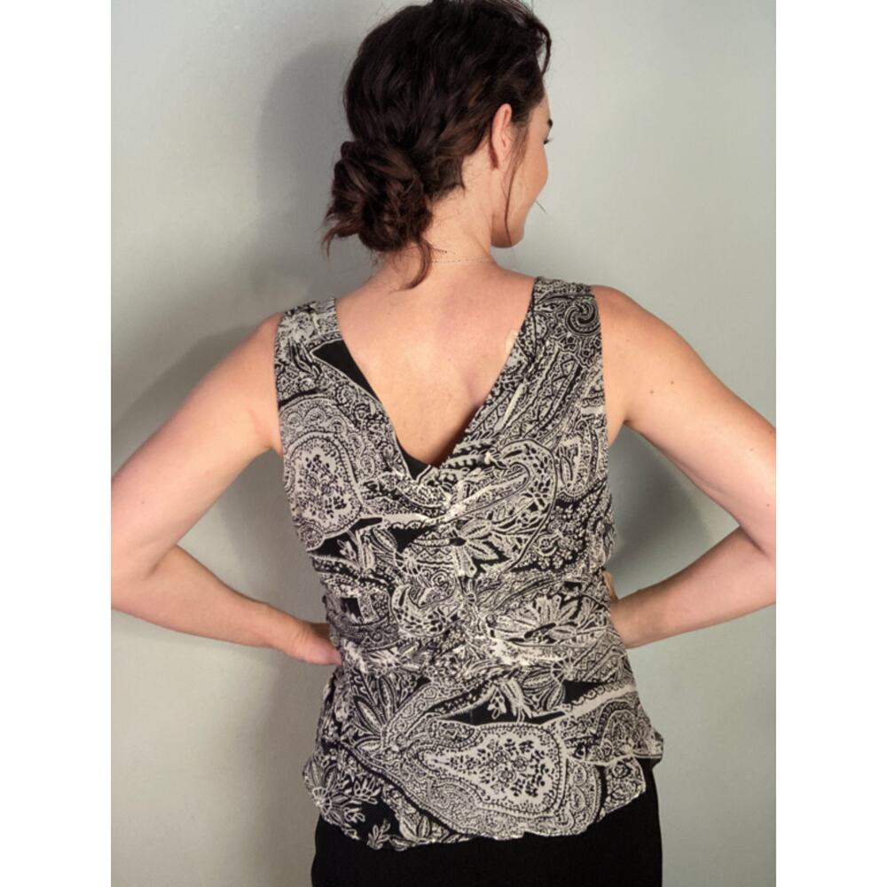Vintage Ice Paisley Black & White Print Silk Top Lined  Sz L Versatile & Lovely! - Picture 3 of 7